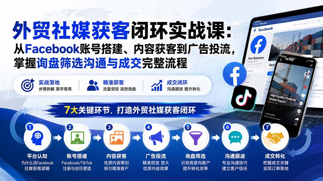 外贸社媒获客闭环实战课:从Facebook账号搭建、内容获客到广告投流,掌握询盘筛选沟通与成交完整流程-小艾项目网