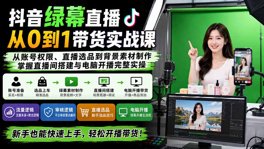 抖音绿幕直播从0到1带货实战课：从账号权限、直播选品到背景素材制作，掌握直播间搭建与电脑开播完整实操-小艾项目网