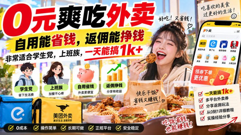 0元爽吃外卖，自用能省钱，返佣能挣钱，非常适合学生党，上班族，一天能搞1k+-小艾项目网
