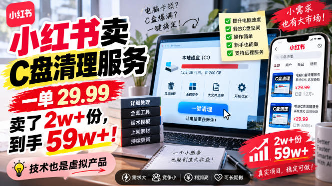 小红书卖C盘清理服务，一单29.99，卖了2w+份，技术也是虚拟产品-小艾项目网