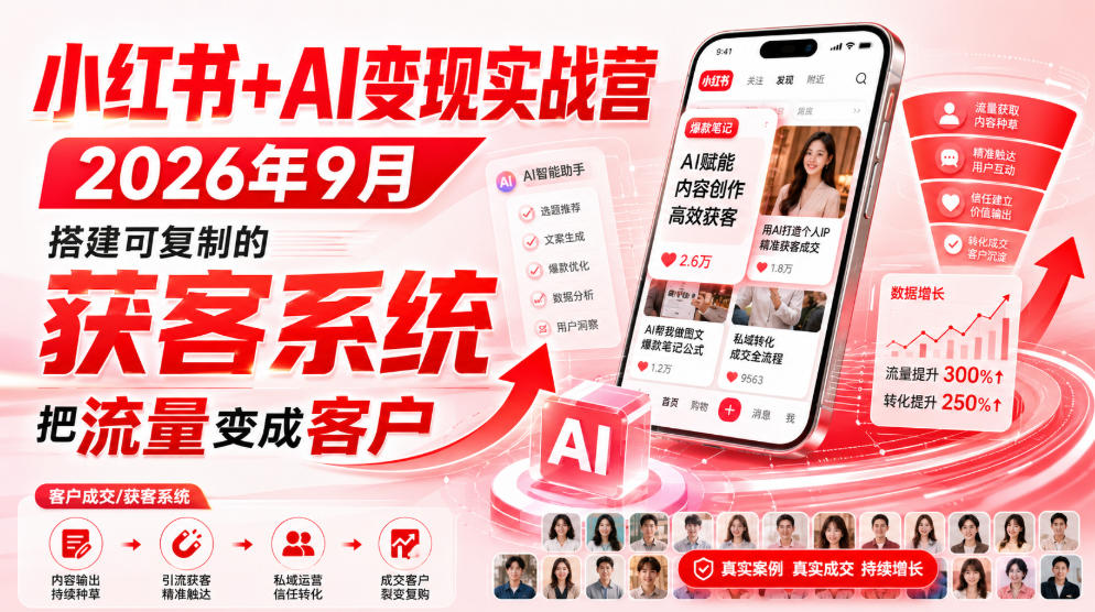 小红书+AI变现实战营2026年9月，搭建可复制的获客系统，把流量变成客户！-小艾项目网