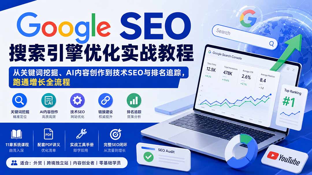 Google SEO搜索引擎优化实战教程:从关键词挖掘、AI内容创作到技术SEO与排名追踪,跑通增长全流程-小艾项目网
