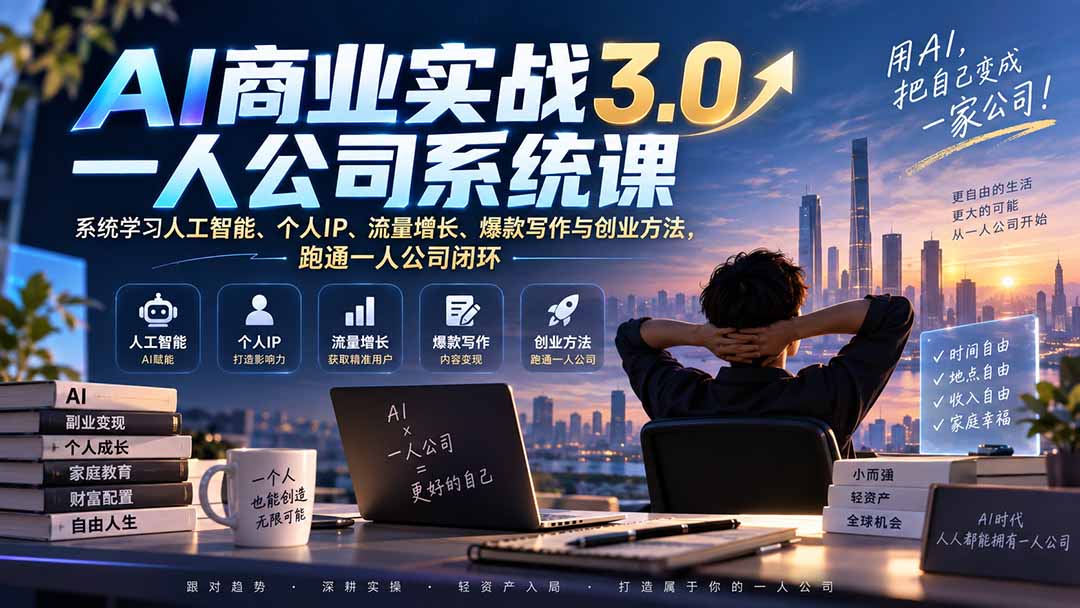AI商业实战3.0一人公司系统课:系统学习人工智能、个人IP、流量增长、爆款写作与创业方法,跑通一人公司闭环-小艾项目网