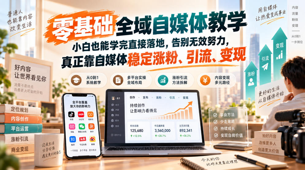 零基础全域自媒体教学，小白也能学完直接落地，告别无效努力，真正靠自媒体稳定涨粉、引流、变现-小艾项目网