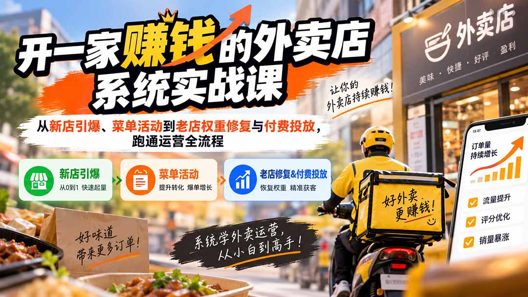 开一家赚钱的外卖店系统实战课：从新店引爆、菜单活动到老店权重修复与付费投放，跑通运营全流程-小艾项目网