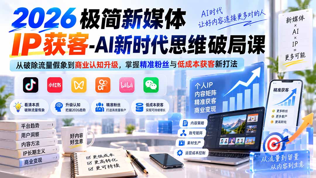 2026极简新媒体IP获客-AI新时代思维破局课：从破除流量假象到商业认知升级，掌握精准粉丝与低成本获客新打法-小艾项目网