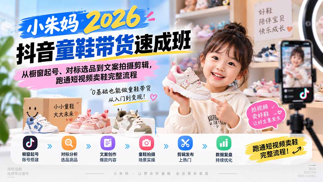 小朱妈2026抖音童鞋带货速成班:从橱窗起号、对标选品到文案拍摄剪辑,跑通短视频卖鞋完整流程-小艾项目网