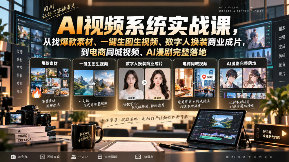 AI视频系统实战课，从找爆款素材、一键生图生视频、数字人换装商业成片，到电商同城视频、AI漫剧完整落地-小艾项目网