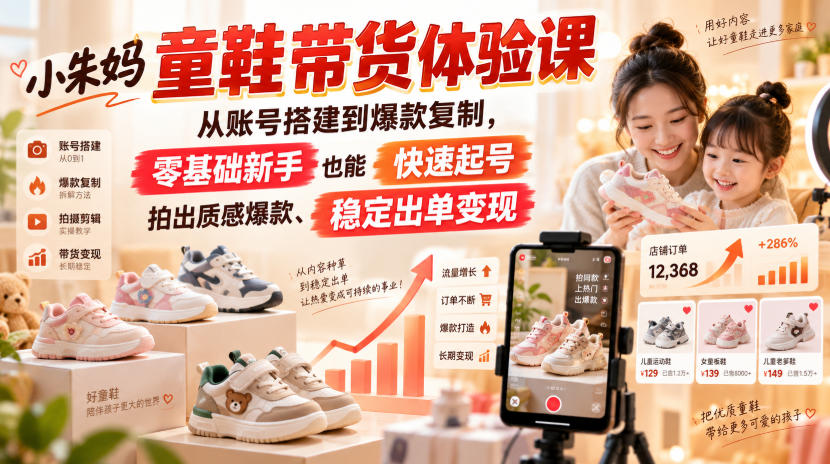 小朱妈童鞋带货体验课，从账号搭建到爆款复制，零基础新手也能快速起号、拍出质感爆款、稳定出单变现-小艾项目网