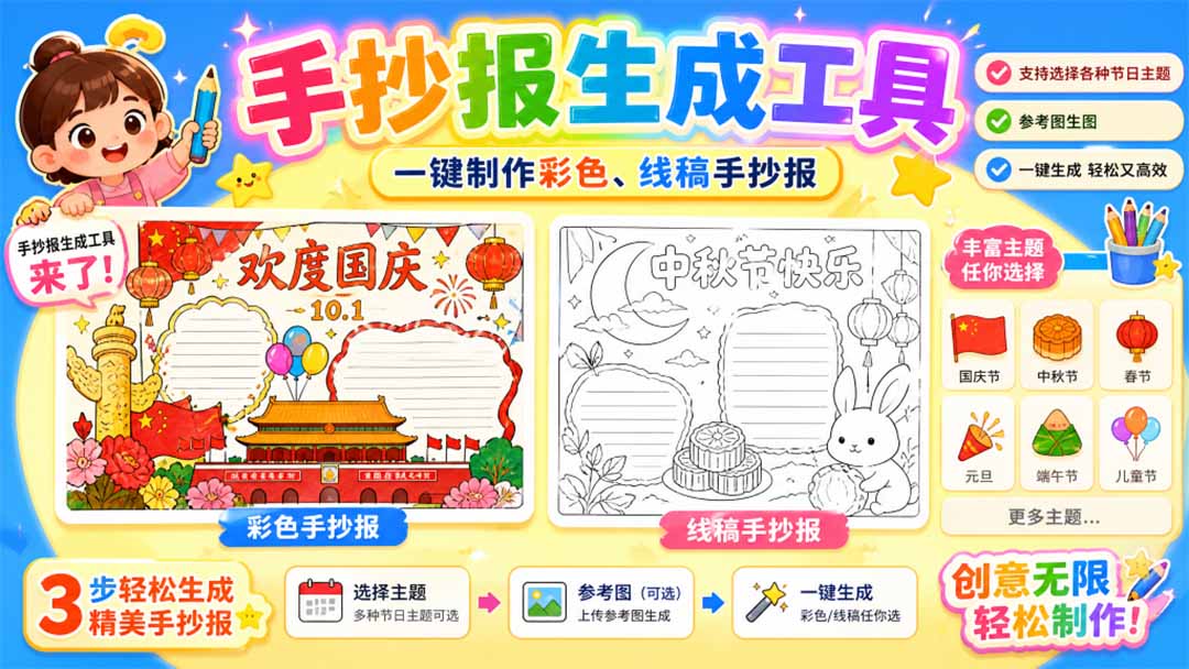 手抄报批量生成工具来了,完全免费,告别豆包生图,这个高清无水印-小艾项目网