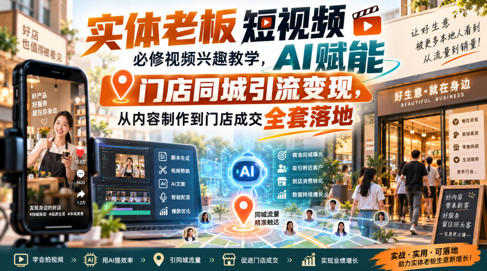 实体老板短视频必修视频兴趣教学，AI赋能门店同城引流变现，AI+短视频+直播打爆实体客流量-小艾项目网