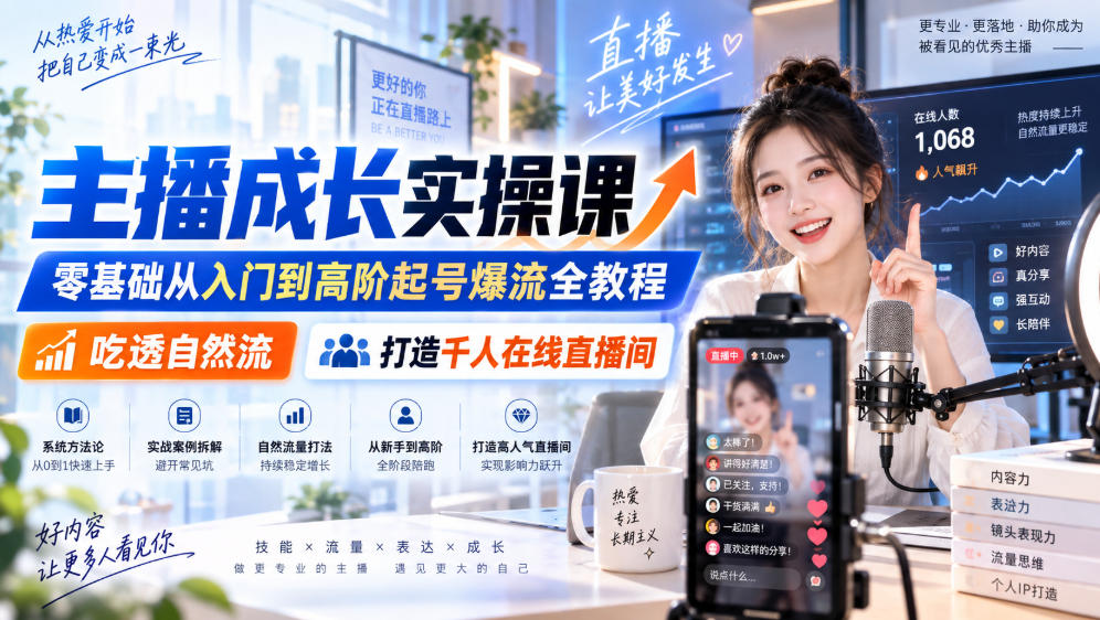 主播成长实操课｜零基础从入门到高阶起号爆流全教程，吃透自然流，打造千人在线直播间-小艾项目网