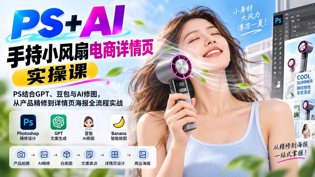 PS+AI手持小风扇电商详情页实操课：PS结合GPT、豆包与AI修图，从产品精修到详情页海报全流程实战-小艾项目网