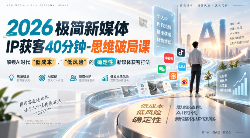 2026极简新媒体IP获客40分钟-思维破局课,解锁Ai时代“低成本”、“低风险”的确定性新媒体获客打法-小艾项目网