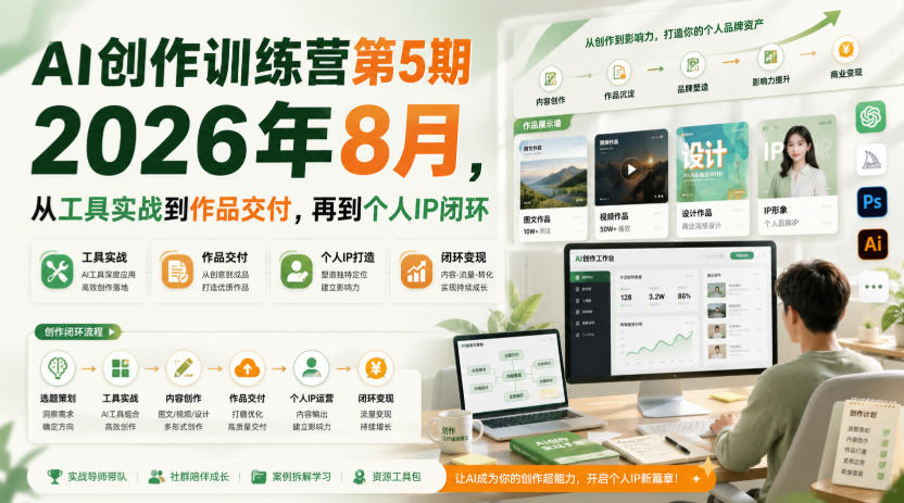 AI创作训练营第5期2026年8月，从工具实战到作品交付，再到个人IP闭环(更新0904)-小艾项目网
