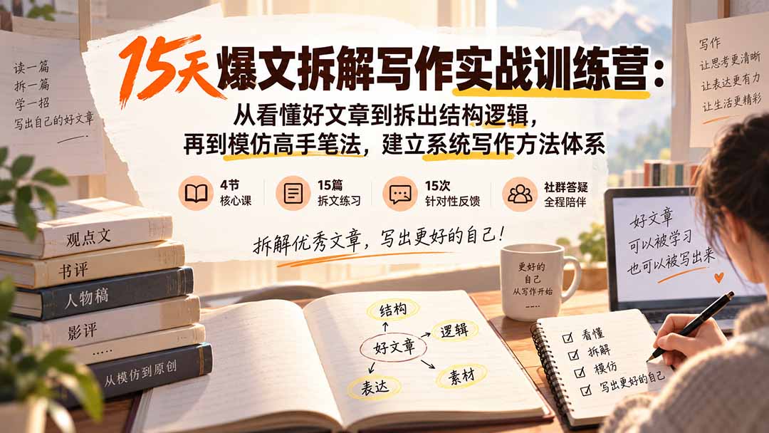 15天爆文拆解写作实战训练营：从看懂好文章到拆出结构逻辑，再到模仿高手笔法，建立系统写作方法体系-小艾项目网