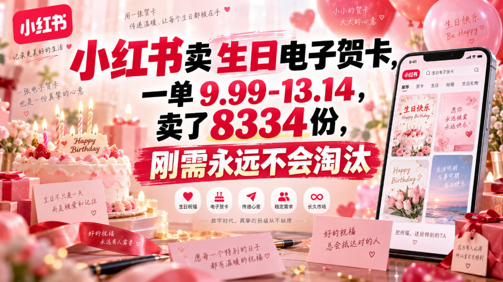 小红书卖生日电子贺卡，一单9.99-13.14，卖了8334份，刚需永远不会淘汰-小艾项目网