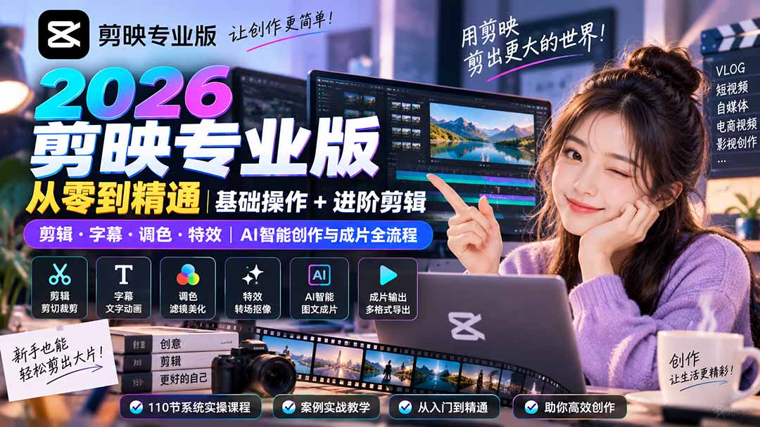 2026剪映专业版从零到精通｜基础操作+进阶剪辑｜剪辑·字幕·调色·特效｜AI智能创作与成片全流程-小艾项目网