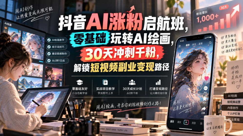 抖音AI涨粉启航班，零基础玩转AI绘画，30天冲刺千粉，解锁短视频副业变现路径-小艾项目网