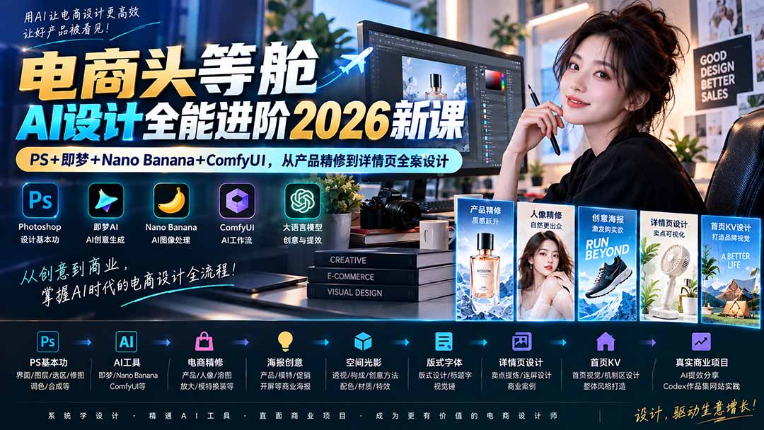 电商头等舱AI设计全能进阶2026新课：PS+即梦+Nano Banana+ComfyUI，从产品精修到详情页全案设计-小艾项目网