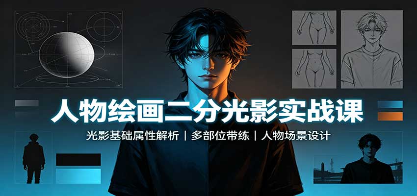 人物绘画二分光影实战课:光影基础属性解析,多部位带练,人物场景设计-小艾项目网