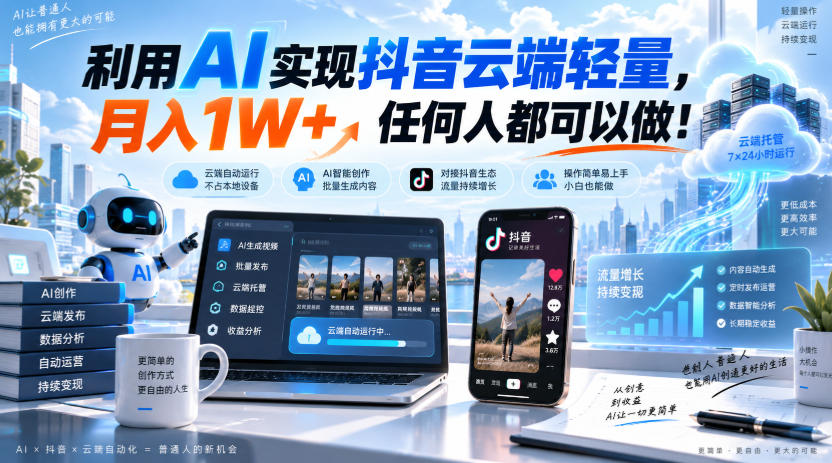 利用AI实现抖音云端轻量,月入1W+,任何人都可以做!【揭秘】