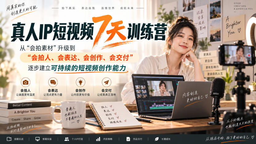 真人IP短视频7天训练营，从“会拍素材”升级到“会拍人、会表达、会创作、会交付”，逐步建立可持续的短视频创作能力-小艾项目网