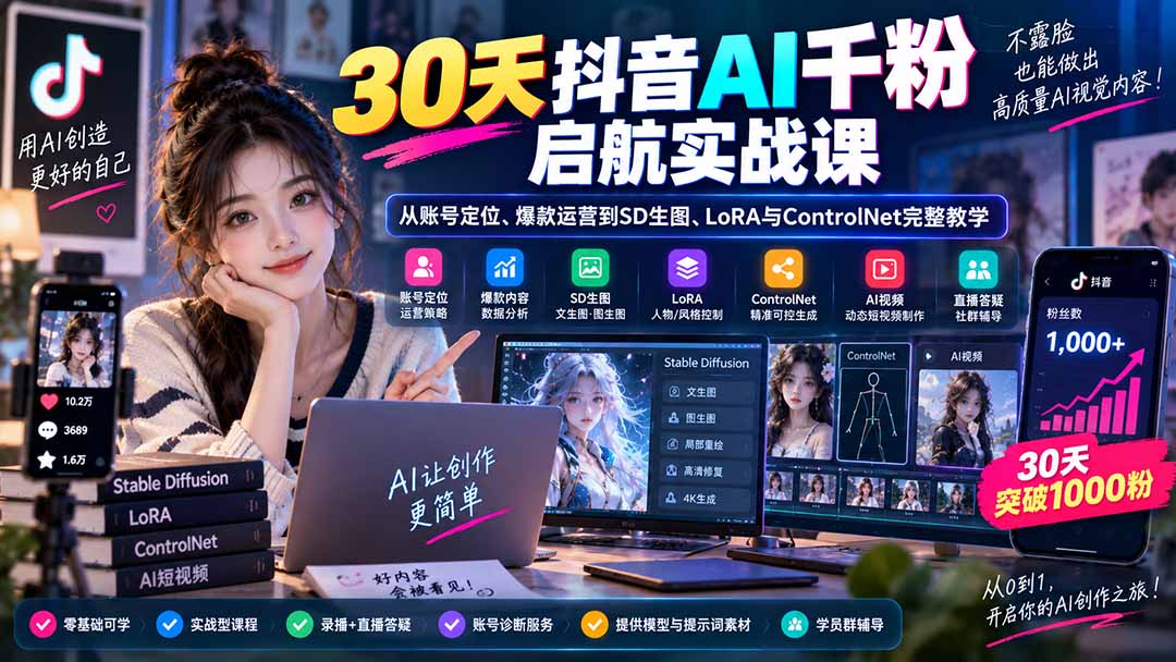30天抖音AI千粉启航实战课：从账号定位、爆款运营到SD生图、LoRA与ControlNet完整教学-小艾项目网