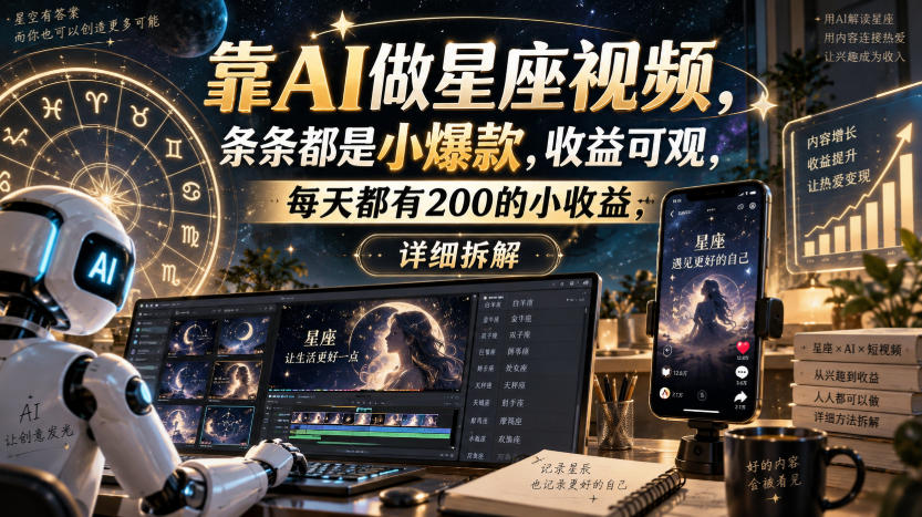 靠AI做星座视频，条条都是小爆款，收益可观，每天都有200的小收益，详细拆解-小艾项目网