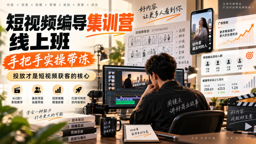 短视频编导集训营线上班，手把手实操带冻，投放才是短视频获客的核心-小艾项目网