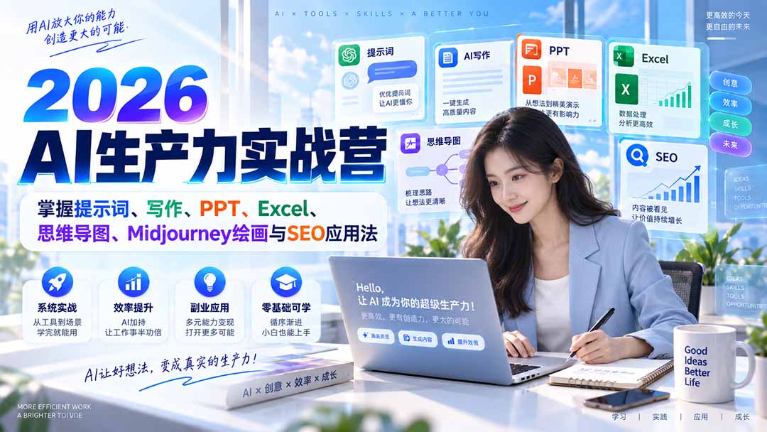 2026AI生产力实战营:掌握提示词、写作、PPT、Excel、思维导图、Midjourney绘画与SEO应用法-小艾项目网