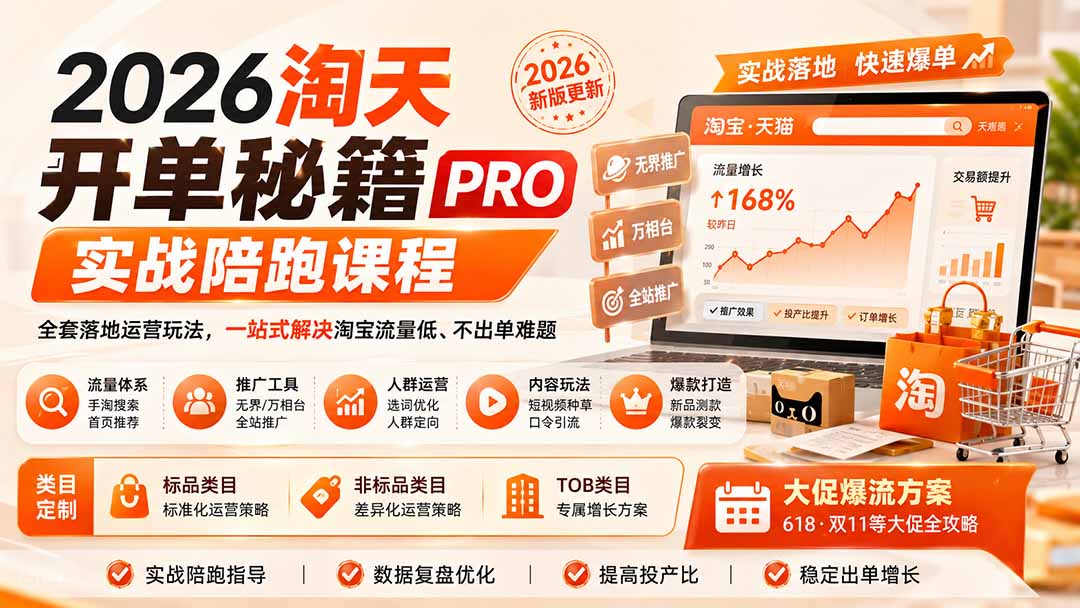 2026淘天开单秘籍PRO实战陪跑课程：全套落地运营玩法，一站式解决淘宝流量低、不出单难题(更新260906-小艾项目网