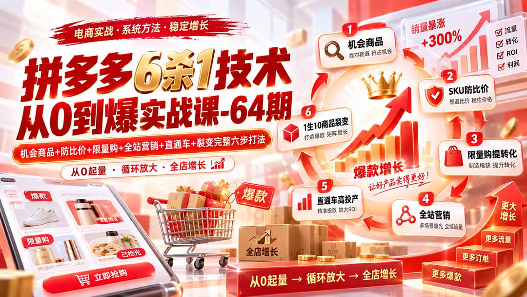 拼多多6杀1技术从0到爆实战课-64期:机会商品+防比价+限量购+全站营销+直通车+裂变完整六步打法-小艾项目网