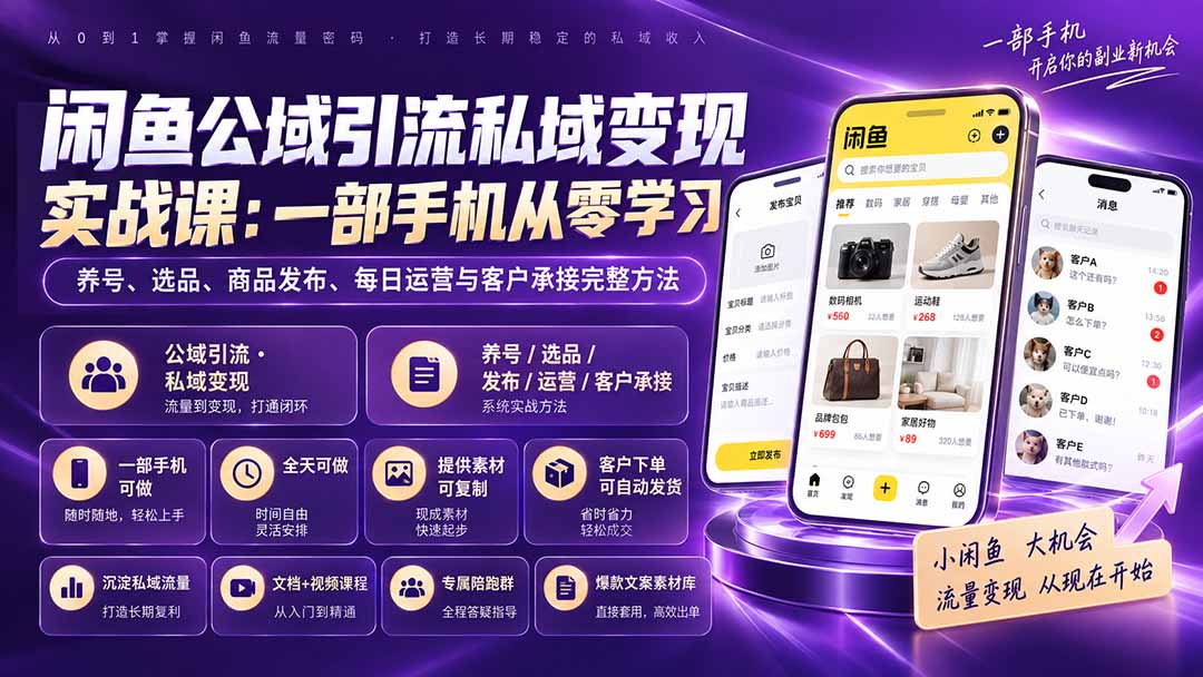 闲鱼公域引流私域变现实战课：一部手机从零学习养号、选品、商品发布、每日运营与客户承接完整方法-小艾项目网