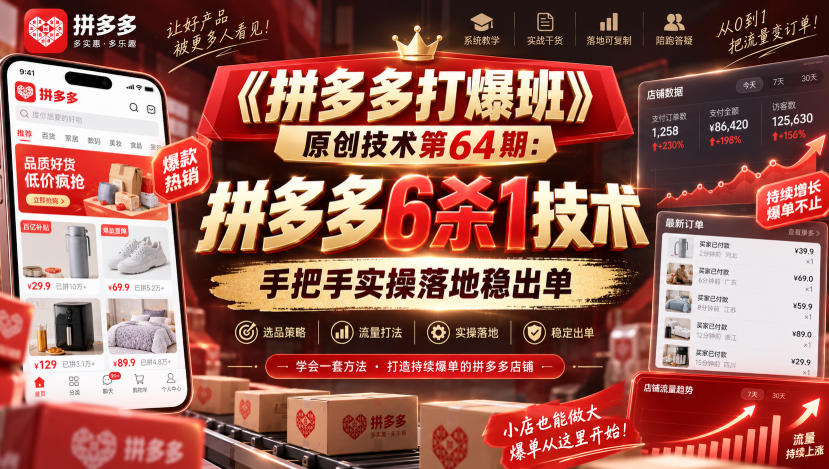 《拼多多打爆班》原创技术第64期：拼多多6杀1技术，手把手实操落地稳出单-小艾项目网
