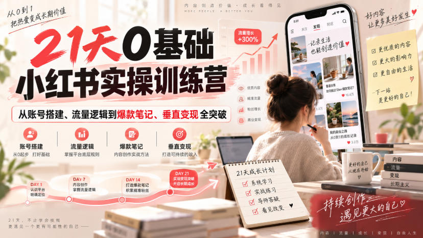 21天0基础小红书实操训练营｜从账号搭建、流量逻辑到爆款笔记、垂直变现全突破-小艾项目网