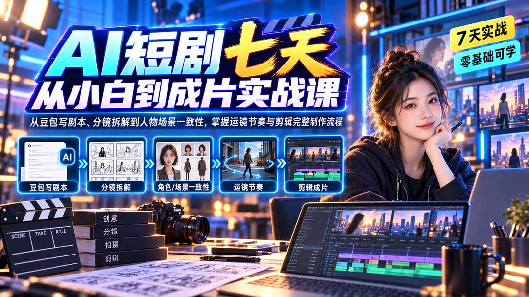 AI短剧七天从小白到成片实战课：从豆包写剧本、分镜拆解到人物场景一致性，掌握运镜节奏与剪辑完整制作流程-小艾项目网