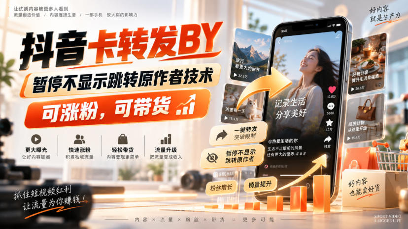 抖音卡转发搬运，暂停不显示跳转原作者技术，可涨粉，可带货-小艾项目网