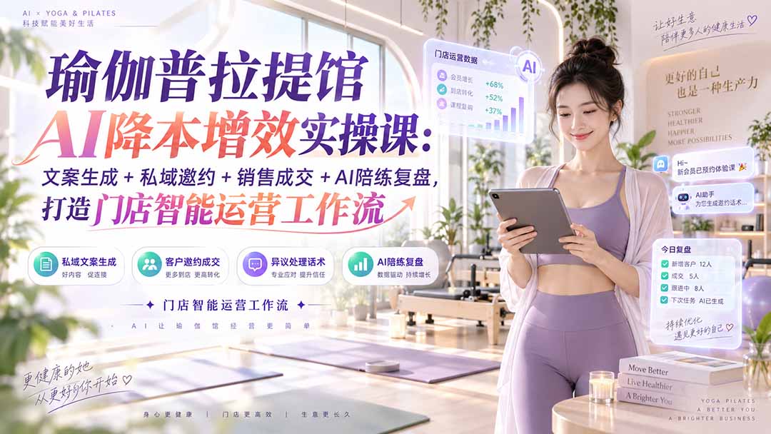 瑜伽普拉提馆AI降本增效实操课：文案生成+私域邀约+销售成交+AI陪练复盘，打造门店智能运营工作流-小艾项目网