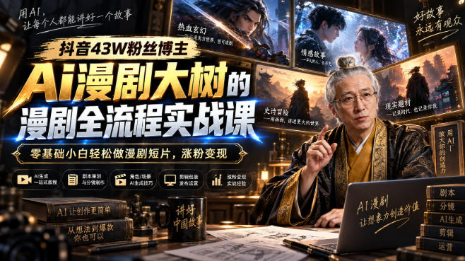 抖音43W粉丝博主Ai漫剧大树的漫剧制作全流程实战课，零基础小白轻松做漫剧短片，涨粉变现-小艾项目网