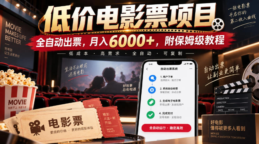 低价电影票项目，全自动出票，月入6000+，附保姆级教程【揭秘】-小艾项目网