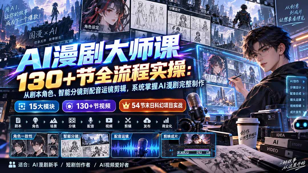 AI漫剧大师课130+节全流程实操：从剧本角色、智能分镜到配音运镜剪辑，系统掌握AI漫剧完整制作-小艾项目网