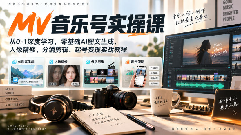 AI MV音乐号实操课，从0-1深度学习，零基础AI图文生成、人像精修、分镜剪辑、起号变现实战教程-小艾项目网