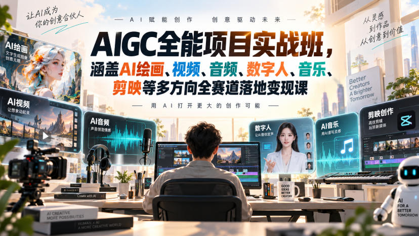 AIGC全能项目实战班，涵盖AI绘画、视频、音频、数字人、音乐、剪映等多方向全赛道落地变现课-小艾项目网