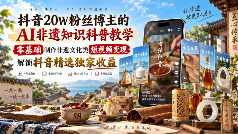 抖音20W粉丝博主的AI非遗知识科普教学，零基础制作非遗文化类短视频变现，解锁抖音精选独家收益-小艾项目网