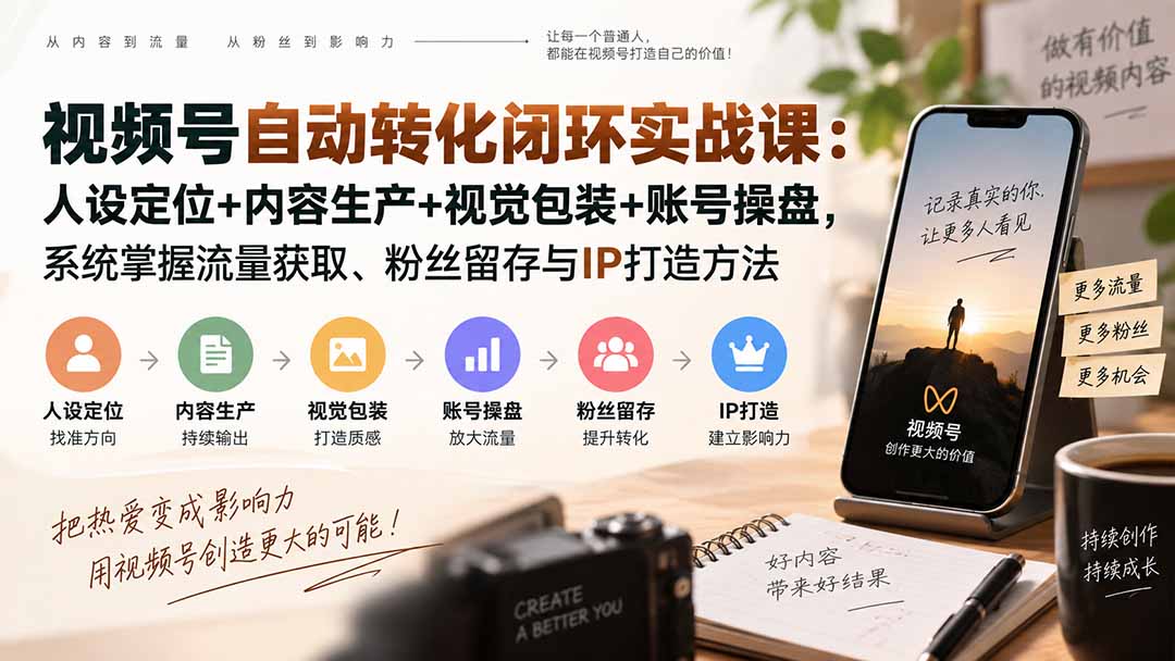 视频号自动转化闭环实战课：人设定位+内容生产+视觉包装+账号操盘，系统掌握流量获取、粉丝留存与IP打造方法-小艾项目网