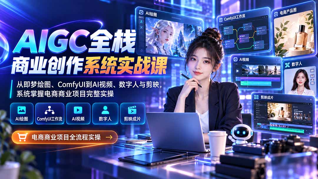 AIGC全栈商业创作系统实战课：从即梦绘图、ComfyUI到AI视频、数字人与剪映，系统掌握电商商业项目完整实操-小艾项目网
