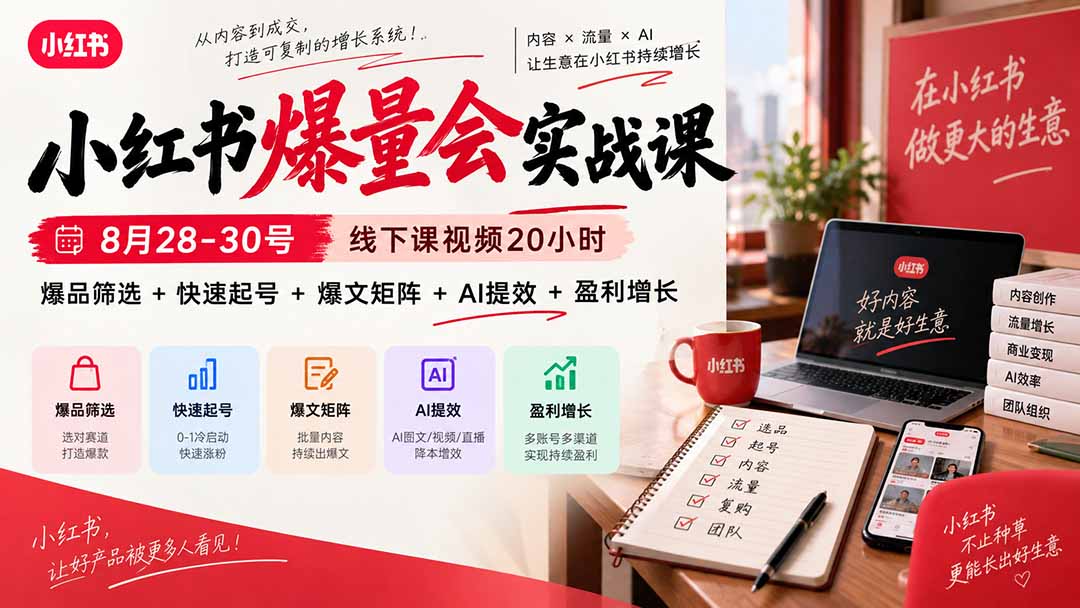 小红书爆量会实战课：8月28-30号线下课视频20小时，爆品筛选+快速起号+爆文矩阵+AI提效+盈利增长-小艾项目网