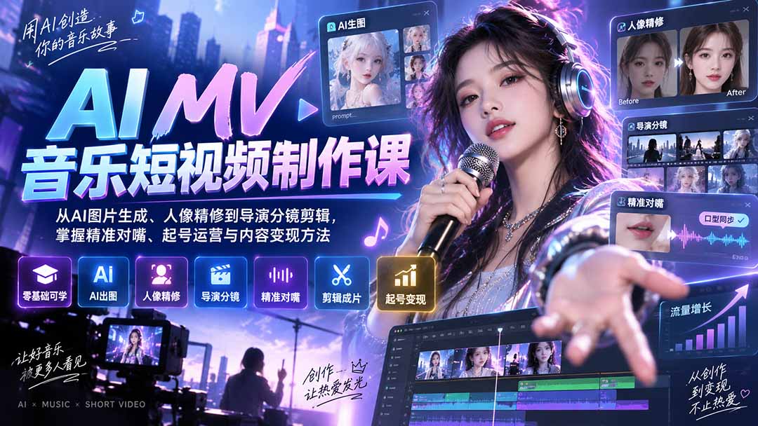 AI MV音乐短视频制作课:从AI图片生成、人像精修到导演分镜剪辑,掌握精准对嘴、起号运营与内容变现方法-小艾项目网