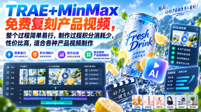 TRAE+MinMax免费复刻产品视频，整个过程简单易行，制作过程积分消耗少，性价比高，适合各种产品视频制作-小艾项目网